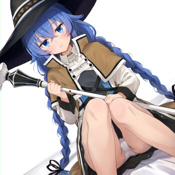 1girl absurdres bed_sheet black_hat black_ribbon blue_eyes blue_hair braid brown_capelet brown_cloak capelet cloak closed_mouth commentary crossed_bangs crotch_seam dutch_angle hair_between_eyes hair_ribbon hat highres holding holding_staff long_braid long_hair long_sleeves looking_at_viewer low_twin_braids mage_staff mushoku_tensei nakatokung panties pantyshot ribbon roxy_migurdia simple_background sitting small_sweatdrop smile solo staff twin_braids underwear very_long_hair white_background white_panties witch_hat