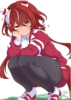 1girl absurdres animal_ears black_leggings black_pantyhose blush closed_mouth commentary_request ear_covers ear_ornament feather_hair_ornament feathers green_eyes hair_between_eyes hair_ornament heart highres horse_ears horse_girl horse_tail jacket leggings leggings_under_shorts long_hair looking_at_viewer low_twintails okomesuihanki pantyhose red_hair red_jacket red_shorts shoes shorts smile solo tail tracen_training_uniform track_jacket twintails umamusume win_variation_(umamusume)