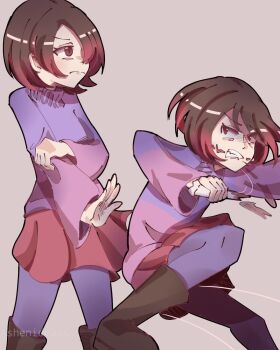 angry bete_noire bone boots brown_hair glitchtale highres pink_sweater purple_sweater purple_thighhighs red_eyes red_hair red_skirt shirt short_hair skirt sweater thighhighs undertale utdr_(toby_fox)