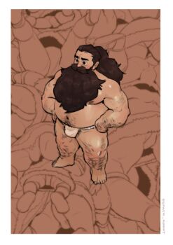 1boy bara beard belly brown_theme bulge dungeon_meshi dwarf facial_hair fake_horns fat fat_man full_beard fundoshi hairy helmet highres horned_helmet horns japanese_clothes large_pectorals long_beard looking_ahead male_focus mature_male muscular muscular_male mustache navel navel_hair nipples panties pantyshot pectorals senshi_(dungeon_meshi) smash_smish standing stomach thick_arm_hair thick_beard thick_eyebrows thick_leg_hair thick_mustache thick_navel_hair topless_male underwear very_long_beard