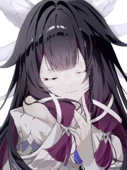 1girl bare_shoulders black_hair closed_eyes closed_mouth colored_inner_hair columbina_(genshin_impact) dress eye_mask facing_viewer genshin_impact hair_ribbon hand_up hashtag-only_commentary head_wings highres light_smile long_hair mask multicolored_hair purple_hair ribbon simple_background solo upper_body v_uo0zzz white_background white_dress white_wings wings