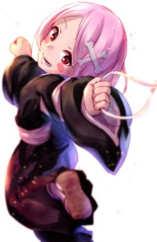 1girl black_kimono bleach blush blush_stickers bone_hair_ornament clenched_hands eyebrows_hidden_by_hair falling_petals full_body hair_ornament head_tilt holding holding_string japanese_clothes kimono kusajishi_yachiru leg_up long_sleeves looking_at_viewer obi open_mouth parted_bangs petals pink_hair red_eyes sash short_hair smile socks solo soraao0322 standing straight_hair string tabi teeth upper_teeth_only white_background white_socks wide_sleeves