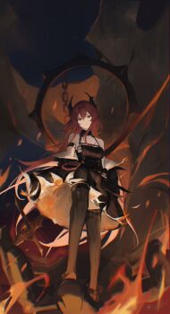 1girl absurdres arknights artist_name bare_shoulders black_dress black_horns black_jacket black_thighhighs breasts cleavage closed_mouth commentary dress full_body fuyutsuki11 hair_between_eyes highres holding holding_behind_back holding_sword holding_sword_behind_back holding_weapon holding_weapon_behind_back horns jacket large_breasts long_hair multicolored_jacket off_shoulder red_eyes red_hair sleeveless sleeveless_dress standing surtr_(arknights) sword thighhighs two-tone_dress two-tone_jacket weapon white_dress white_jacket