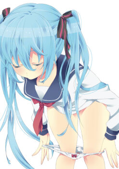 1girl bad_id bad_pixiv_id blood blood_on_panties blue_hair bow bow_panties closed_eyes female_focus fukagawa_kasumi hatsune_miku ldbkty long_hair menstruation no_pants panties panty_pull school_uniform serafuku simple_background solo twintails underwear undressing very_long_hair vocaloid white_background white_panties