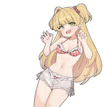 1girl aa211108 armpits bikini bikini_under_clothes blonde_hair breasts claw_pose commentary_request fang gao green_eyes highres idolmaster idolmaster_cinderella_girls jougasaki_rika long_hair looking_at_viewer navel open_mouth shorts small_breasts solo stomach swimsuit thighs white_background