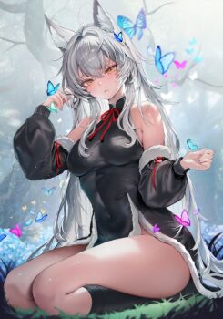 1girl absurdres animal_ear_fluff animal_ears bare_shoulders blush breasts bug butterfly closed_mouth full_body grey_hair highres insect kneehighs kneeling large_breasts long_sleeves looking_at_viewer orange_eyes original outdoors socks solo thighs wolf_ears wolf_girl zerocat