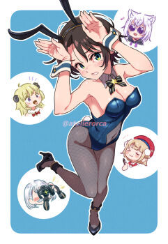 5girls animal_ear_hairband animal_ears atelierorca black_hair black_shoes blue_bow blue_bowtie blue_eyes blue_leotard bow bowtie breasts cleavage clothing_cutout commentary_request detached_collar fake_animal_ears full_body hairband highres hololive indie_virtual_youtuber leotard medium_breasts multiple_girls nekomata_okayu oozora_subaru pantyhose playboy_bunny rabbit_ears rabbit_pose rabbit_tail shigure_ui_(vtuber) shirogane_noel shoes short_hair solo_focus stomach_cutout strapless strapless_leotard tail tsunomaki_watame virtual_youtuber wrist_cuffs
