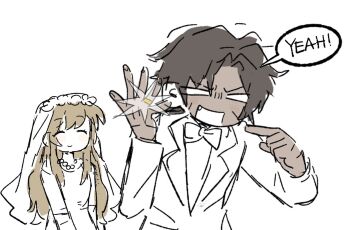 1boy 1girl bad_tag bow bowtie brown_hair catherine_(project_moon) closed_mouth dark-skinned_male dark_skin dress glint happy heathcliff_(project_moon) hetero husband_and_wife index_finger_raised jewelry limbus_company necklace parted_bangs pearl_necklace project_moon ring simple_background sketch smile wedding wedding_ring white_background white_bow white_bowtie white_dress yesheng_zong_ren