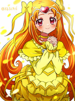 Rule 34 | 1girl, bow, brooch, capelet, closed mouth, commentary request, cure muse (yellow), dress, earrings, frilled capelet, frilled dress, frills, hair ornament, heart, heart brooch, heart hair ornament, impossible hair, interlocked fingers, jewelry, kagami chihiro, long hair, long sleeves, looking at viewer, magical girl, medium dress, orange hair, own hands together, precure, red eyes, shirabe ako, simple background, smile, solo, standing, suite precure, tiara, twitter username, very long hair, white background, yellow bow, yellow capelet