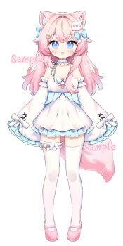 1girl :3 absurdres animal_ear_fluff animal_ears blue_eyes cat_ears chinese_commentary collar commentary commission detached_collar detached_sleeves dress fang frilled_collar frilled_dress frilled_sleeves frilled_thigh_strap frills full_body hair_intakes hair_ornament highres light_blush long_hair looking_at_viewer mary_janes open_mouth original pink_shoes pom_pom_(clothes) pom_pom_hair_ornament sample_watermark shoes sidelocks simple_background sleeveless sleeveless_dress smile solo standing tachi-e thigh_strap thighhighs tian_yang triangle_hair_ornament watermark watermark_grid white_background white_collar white_dress white_sleeves white_thighhighs