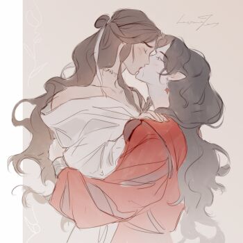 2boys absurdres black_eyes black_hair bracer brown_background brown_hair chinese_clothes closed_eyes couple cursed_shackle earrings hair_bun hand_on_another&#039;s_back hand_on_another&#039;s_shoulder hanfu highres hua_cheng jewelry kiss long_hair long_sleeves male_focus masyanajoy multiple_boys parted_bangs partially_undressed pointy_ears red_hanfu ribbon signature single_hair_bun tianguan_cifu very_long_hair wavy_hair white_hanfu wide_sleeves xie_lian yaoi