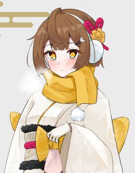 1girl ahoge bag blush bow brown_hair commentary earmuffs egasumi english_commentary gloves grey_background hair_ornament hairclip highres holding holding_bag japanese_clothes kawa_(magui3) kimono long_sleeves looking_at_viewer magui3 obi original pom_pom_(clothes) sash scarf short_hair simple_background solo upper_body white_gloves white_kimono wide_sleeves yellow_bow yellow_eyes yellow_scarf
