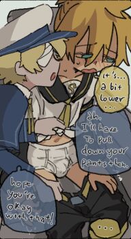 ... 2boys aqua_eyes bandage_over_one_eye black_arm_warmers black_sailor_collar black_shorts blonde_hair blue_capelet blue_shorts breath briefs bulge capelet car_interior clothes_lift clothes_pull colored_speech_bubble commentary cropped english_text erection erection_under_clothes feet_out_of_frame hand_on_own_thigh hat kagamine_len kenoru lifting_another's_clothes long_sleeves looking_to_the_side male_focus male_underwear midriff_peek multiple_boys navel neck_ribbon necktie oliver_(vocaloid) open_mouth paid_reward_available peaked_cap pulling_another's_clothes ribbon sailor_collar sailor_shirt shirt shirt_lift short_sleeves shorts shorts_pull shota sitting speech_bubble spoken_ellipsis sweat symbol-only_commentary underwear variant_set vocaloid white_male_underwear white_shirt yaoi yellow_necktie yellow_ribbon