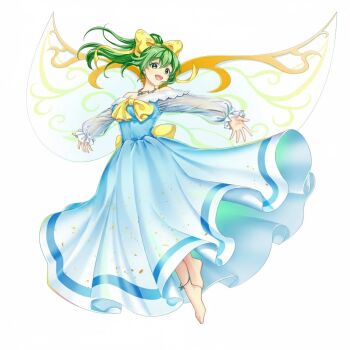 1girl :d back_bow barefoot blue_dress bow daiyousei dress full_body green_eyes green_hair jewelry long_sleeves necklace non-web_source open_mouth self-upload simple_background smile solo sunnymilkcute touhou white_background yellow_bow