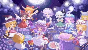 02charaice20 6+girls :d ;d absurdres alcohol alice_margatroid animal_ears animal_hat ankle_socks apron arm_bow arm_on_another&#039;s_shoulder arm_up ascot banquet belt black_belt black_bow black_hairband black_hat black_skirt black_vest blonde_hair blue_hat blue_kimono blue_sash blue_shirt blue_skirt blue_tabard blue_vest blunt_bangs blunt_ends book bottle bow bow_hairband braid capelet chain collared_dress collared_shirt commentary cuffs cup detached_sleeves dress english_commentary facing_viewer flower food fox_tail frilled_apron frilled_bow frilled_dress frilled_hairband frilled_skirt frilled_wrist_cuffs frills from_behind gap_(touhou) gourd green_bow green_dress hair_bow hairband hakurei_reimu handcuffs hat hat_ribbon highres hitodama holding holding_book holding_cup holding_gourd holding_plate horn_ornament horn_ribbon horns ibuki_suika immaterial_and_missing_power izayoi_sakuya japanese_clothes kimono kirisame_marisa konpaku_youmu konpaku_youmu_(ghost) long_sleeves medium_hair mob_cap mug multiple_girls multiple_hair_bows night night_sky on_floor one_eye_closed open_mouth outdoors party patchouli_knowledge pinafore_dress pink_hair pixel_art plate pouring puffy_short_sleeves puffy_sleeves purple_eyes purple_hair purple_hat purple_ribbon purple_skirt purple_tabard pyramid_(geometry) red_ascot red_bow red_eyes red_hairband red_ribbon red_shirt red_skirt remilia_scarlet ribbon ribbon-trimmed_skirt ribbon-trimmed_sleeves ribbon_trim saigyouji_yuyuko sailor_collar sakazuki sake sash seiza shanghai_doll shirt short_sleeves side_braids sitting skirt skirt_set sky sleeveless sleeveless_dress smile socks star_(sky) starry_sky tabard tail tokkuri torn_clothes torn_sleeves touhou tree triangular_headpiece two-tone_hairband vest waist_apron white_apron white_capelet white_dress white_hair white_hairband white_hat white_ribbon white_sailor_collar white_shirt white_socks white_wrist_cuffs wide_sleeves witch_hat wrist_cuffs yakumo_ran yakumo_yukari yellow_ascot yellow_eyes yellow_ribbon yokozuwari