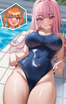 ! 2girls absurdres alternate_costume blue_one-piece_swimsuit blunt_bangs blurry blurry_background blush breasts closed_mouth clothes_pull colored_tips covered_navel earrings feather_earrings feathers green_hair groin hashtag-only_commentary helldeer highres hololive hololive_english image_in_speech_bubble jewelry large_breasts light_smile long_hair looking_at_viewer lying mori_calliope multicolored_hair multiple_girls one-piece_swimsuit one-piece_swimsuit_pull orange_hair pink_eyes pink_hair pool school_swimsuit solo_focus swimsuit takanashi_kiara thighs twitter_username virtual_youtuber wavy_mouth yuri