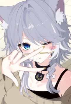 1girl ;p absurdres animal_ear_fluff animal_ears blue_eyes blush_stickers bow braid cat_ears cat_girl choker cipher_(honkai:_star_rail) cipher_(sweet_slumber)_(honkai:_star_rail) commentary glasses grey_hair hair_bow highres honkai:_star_rail honkai_(series) magnet_8_8 off_shoulder one_eye_closed spaghetti_strap tongue tongue_out v white_streaks