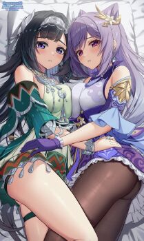 2girls ass bare_shoulders bird_hair_ornament black_hair black_panties blush bracelet breast_press breasts brown_pantyhose chinese_clothes cone_hair_bun detached_sleeves double_bun dress flower genshin_impact gloves green_dress hair_bun hair_flower hair_ornament hairband highres keqing_(genshin_impact) lan_yan_(genshin_impact) large_breasts long_hair long_sleeves looking_at_viewer lying metal_hairband multicolored_eyes multiple_girls on_bed panties pantyhose parted_lips pillow pink_eyes ponnyu12 purple_eyes purple_gloves purple_hair short_dress silver_bracelet silver_hairband symmetrical_docking thigh_strap thighs underwear very_long_hair