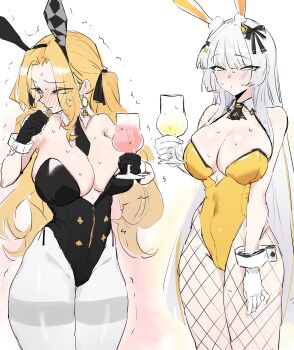 Rule 34 | 2girls, absurdres, animal ears, bare shoulders, black gloves, black survival, blonde hair, blush, breasts, cleavage, cup, detached collar, drinking glass, earrings, eternal return: black survival, fishnet pantyhose, fishnets, gloves, grey hair, highres, holding, holding cup, jenny sinclair, jenny sinclair (queen of hearts), jewelry, korean commentary, large breasts, long hair, looking at viewer, minami rio, minami rio (winning shot), multiple girls, necktie, pantyhose, rabbit ears, seoyong, simple background, sweat, thighband pantyhose, trembling, twintails, white background, white gloves, white pantyhose, wrist cuffs, yellow eyes