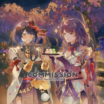 2girls arm_guards armor artist_name asymmetrical_sleeves back_bow bare_shoulders black_gloves blue_eyes blunt_bangs blurry blurry_background blush bow braid bridal_gauntlets clenched_teeth closed_mouth commentary commission couch dango detached_sleeves embarrassed english_commentary english_text food friends genshin_impact gloves gradient_hair hair_ornament hands_up hayashikana holding holding_tray japanese_armor japanese_clothes jewelry kimono kujou_sara long_braid long_hair long_sleeves looking_at_another looking_to_the_side mask mask_on_head mitsudomoe_(shape) mole mole_under_eye multicolored_hair multiple_girls neck_ribbon night night_sky nose_blush off_shoulder outdoors panties pendant purple_eyes purple_hair purple_kimono purple_panties raiden_shogun red_mask red_ribbon red_sash ribbon sash shade short_hair shoulder_armor single_braid sky sparkle standing star_(sky) streaked_hair swept_bangs teeth tomoe_(symbol) tray tree twitter_username underwear uneven_sleeves wagashi wide_sleeves yellow_eyes yuri