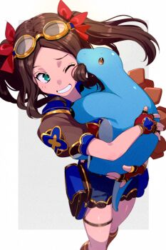 1girl blue_shorts blush breasts brown_gloves brown_hair dinosaur echo_(circa) fate/grand_order fate_(series) fingerless_gloves forehead gloves goggles green_eyes hair_ribbon leonardo_da_vinci_(fate) leonardo_da_vinci_(fate/grand_order) leonardo_da_vinci_(rider)_(fate) leonardo_da_vinci_(swimsuit_ruler)_(fate) long_hair one_eye_closed parted_bangs puffy_short_sleeves puffy_sleeves ribbon short_shorts short_sleeves shorts shrug_(clothing) sidelocks small_breasts thighs twintails