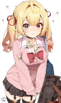 Rule 34 | 1girl, 1other, ?, bag, banknote, black choker, black garter straps, black skirt, black thighhighs, blonde hair, cardigan, center-flap bangs, choker, cowlick, double-parted bangs, embarrassed, garter straps, gradient hair, hair intakes, hair ribbon, hashtag-only commentary, heterochromia, hoshikawa sara, hoshikawa sara (4th costume), implied prostitution, long hair, looking at viewer, miniskirt, money, money between breasts, multicolored hair, nejime, nervous sweating, nijisanji, official alternate costume, official alternate hair length, official alternate hairstyle, orange eyes, pink cardigan, plaid clothes, plaid skirt, pleated skirt, pov, pov hands, red eyes, red ribbon, ribbon, school bag, school uniform, shirt, simple background, skindentation, skirt, solo focus, sweat, thighhighs, twilight, very sweaty, virtual youtuber, wavy mouth, white background, white shirt