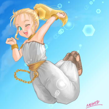 1girl bare_shoulders blonde_hair blue_eyes chrono_trigger cloud full_body highres jewelry long_hair looking_at_viewer marle_(chrono_trigger) nekoto_shidou one_eye_closed open_mouth ponytail smile solo