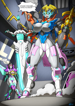 arcee blackarachnia breasts fusion high_heels highres lifeline_(transformers) mad-project nipples slipstream_(transformers) sword transformers weapon windblade