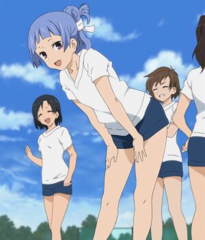 4girls anime_screenshot black_hair blue_hair brown_hair closed_eyes grin gym_shirt gym_shorts gym_uniform highres kannagi legs long_hair looking_at_viewer medium_hair multiple_girls nagi open_mouth purple_eyes ribbon shirt shorts smile stitched third-party_edit