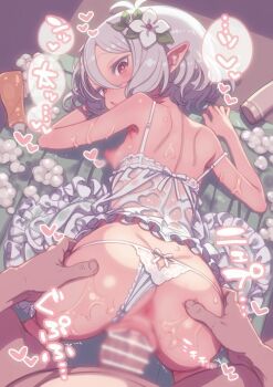 1boy 1girl anus ass bar_censor blur_censor breasts censored clothing_aside commentary_request elf flower hair_between_eyes hair_flower hair_ornament hetero highres kokkoro_(princess_connect!) loli nipples paid_reward_available panties panties_aside penis pointy_ears pov princess_connect! puddinghomhom sex sex_from_behind short_hair underwear vaginal variant_set