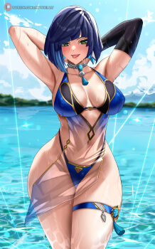 1girl armpits arms_behind_head arms_up bikini blue_bikini blue_hair blue_sky blush bob_cut braid breasts breasts_apart cloud collarbone commentary covered_erect_nipples covered_navel cowboy_shot day diagonal_bangs dice duplicate english_commentary enma_(enmanuelart) gem genshin_impact green_eyes highleg highleg_bikini highres hip_focus large_breasts open_mouth outdoors patreon_username pelvic_curtain pixel-perfect_duplicate see-through_clothes short_hair silver_choker single_sleeve sky solo sparkle swimsuit tassel teeth thick_thighs thigh_strap thighs tongue tongue_out upper_teeth_only vision_(genshin_impact) water watermark web_address wet wide_hips yelan_(genshin_impact)
