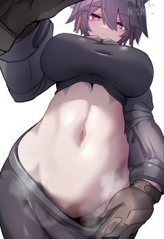 1girl absurdres breasts bright_pupils brown_gloves closed_mouth clothes_pull commentary_request gloves hair_between_eyes highres large_breasts long_sleeves multicolored_hair natsukaze_shigure navel original pants pants_pull purple_eyes short_hair solo steaming_body stomach streaked_hair white_background white_hair white_pupils