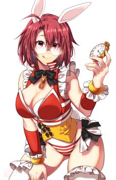 1girl ahoge alice_gear_aegis alternate_costume analog_clock animal_ears breasts chain chain_around_neck cleavage clock cosplay cow_girl_(goblin_slayer!) cowboy_shot dated detached_sleeves goblin_slayer! highres holding_clock kankitukou large_breasts looking_at_viewer panties rabbit_ears red_eyes red_hair red_vest short_hair solo striped_clothes striped_panties thighhighs thighs tongue underwear vest white_rabbit_(alice_in_wonderland) white_rabbit_(alice_in_wonderland)_(cosplay) white_thighhighs wrist_cuffs