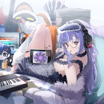 1girl absurdres alternate_costume belle_(zenless_zone_zero) black_dress breasts character_doll commentary_request doll dress electric_guitar eous_(zenless_zone_zero) glasses grey_jacket guitar headphones highres holding holding_stylus instrument jacket k2_(jack_lin) knees_up leg_warmers long_hair looking_at_viewer medium_breasts open_mouth pointy_ears purple_hair reclining red_eyes semi-rimless_eyewear sitting solo stylus tablet_pc vivian_banshee zenless_zone_zero