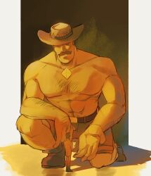 Rule 34 | 2boys, abs, absurdres, arm hair, bara, black hair, blonde hair, chest hair, citrus0lemon, closed eyes, cowboy hat, full body, giant, giant male, hat, highres, large pectorals, long sideburns, male focus, mature male, mr. bidwell, multiple boys, muscular, muscular male, on one knee, parody, pectorals, saxton hale, short hair, sideburns, size difference, steven universe, team fortress 2, thick mustache, topless male, yellow diamond (steven universe)