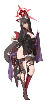 1girl animal_ear_fluff animal_ears black_hair black_kimono black_leotard black_skirt black_thighhighs blue_archive blunt_ends blush breasts cleavage colored_inner_hair commentary floral_print floral_print_kimono fox_ears fox_girl fox_tail halo highres japanese_clothes kimono kneehighs large_breasts leotard looking_at_viewer multicolored_hair open_clothes open_kimono open_mouth pink_socks pleated_skirt print_kimono red_hair red_halo single_kneehigh single_sock single_thighhigh skirt socks solo symbol-only_commentary tail thigh_strap thighhighs torn_clothes torn_thighhighs two-tone_hair vam_(js_vam) wakamo_(blue_archive) yellow_eyes