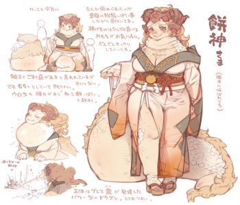 Rule 34 | 1girl, 7010, animal nose, blonde hair, blush, breasts, breath weapon, brown eyes, brown horns, cleavage, closed mouth, commentary request, full body, horns, large breasts, large tail, long hair, long sleeves, looking at viewer, mouth beam, multiple views, open hand, original, parted lips, plump, sandals, scales, simple background, sitting, standing, tail, thick thighs, thighs, translation request, upper body, white background, wide sleeves