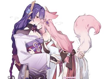2girls animal_ears aroused bare_shoulders blush breasts cleavage commentary dress english_commentary fox_ears fox_girl fox_tail genshin_impact grabbing_another's_tail hand_blush highres japanese_clothes kimono long_hair mole mole_under_eye multiple_girls nonons obi pink_hair purple_hair purple_kimono raiden_shogun sash shoulder_blush simple_background sweat tail tail_grab uncommon_stimulation white_background white_dress yae_miko yuri