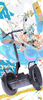 1girl absurdres arm_up armpits artist_name bare_shoulders blue_eyes blue_hair braid braided_ponytail character_name clothing_cutout commentary detached_sleeves english_commentary falling_petals feet flower flower_hairpin formal_clothes from_below full_body gloves hair_ornament hairpin highres holding holding_flower leg_up long_hair looking_to_the_side one_eye_closed open_mouth petals see-through_dress_layer seed_(zenless_zone_zero) segway sena_8ito solo sparkle stirrup_legwear suit thigh_cutout toeless_legwear v white_background white_gloves white_suit yellow_flower zenless_zone_zero