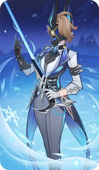 Rule 34 | 1girl, asymmetrical gloves, bad source, black mask, brown hair, closed mouth, frost operative (genshin impact), gauntlets, genshin impact, gloves, grey pants, hand up, holding, holding sword, holding weapon, long hair, mismatched gloves, official art, pants, shirt, short hair, single gauntlet, snowflakes, solo, standing, sword, weapon, white gloves, white shirt