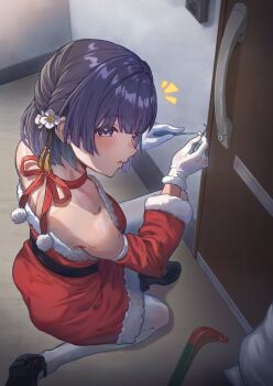 1girl black_shoes blunt_bangs blush braid choker collarbone commentary crowbar door door_handle dress flower from_above gakuen_idolmaster gloves hair_flower hair_intakes hair_ornament hataya_misuzu idolmaster lockpick looking_at_viewer looking_to_the_side notice_lines pantyhose purple_eyes purple_hair red_choker red_dress santa_costume santa_dress shoes short_hair solo strapless strapless_dress wari_sando white_flower white_gloves white_pantyhose