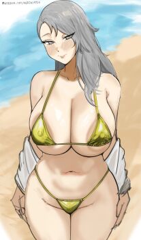 1girl absurdres areola_slip bikini blush breasts cleavage collarbone curvy gold_bikini grey_eyes grey_hair hair_over_shoulder hand_on_own_hip highres jacket large_breasts medium_hair narrow_waist navel nero_watch niijima_sae open_clothes open_jacket persona persona_5 skindentation swimsuit wide_hips