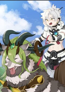 Rule 34 | 1boy, abs, arm warmers, black arm warmers, blue sky, closed eyes, cloud, commentary, crop top, cropped shirt, day, dracotail lukias, dracotail pan, dragon, duel monster, ear covers, earrings, fur trim, hair between eyes, hair bun, hair ornament, hair stick, hakama, hakama pants, highres, holding, holding leash, japanese clothes, jewelry, leash, long hair, looking down, midriff, navel, open mouth, outdoors, pants, parted bangs, riding dragon, sharp teeth, shirt, short sleeves, sidelocks, sky, smile, tassel, tassel earrings, teeth, tongue, tongue out, untranslatable commentary, wa tsuji, white hakama, white shirt, yellow eyes, yu-gi-oh!