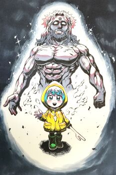 Rule 34 | 1boy, 1girl, :d, abs, absurdres, bead necklace, beads, beard, black giraffe, blue eyes, blue hair, blush, boots, cane, clenched hand, cross, cross necklace, crown of thorns, facial hair, full body, glowing, glowing eyes, green footwear, highres, holding, holding cane, jesus, jewelry, jojo no kimyou na bouken, jubilee 2025, latin cross, looking at viewer, luce (jubilee 2025), millipen (medium), muscular, muscular male, necklace, open mouth, pen (medium), raincoat, rosary, rubber boots, short hair, smile, stand (jojo), standing, teeth, topless male, traditional media, upper teeth only, veins, veiny arms, waving, yellow raincoat