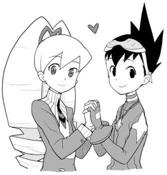 1boy 1girl bad_id bow drill_hair eyewear_on_head geo_stelar_(mega_man) hair_bow heart heriyama holding_hands jewelry long_hair looking_at_viewer lowres luna_platz_(mega_man) mega_man_(series) mega_man_star_force_(series) necklace simple_background smile twin_drills very_long_hair white_background