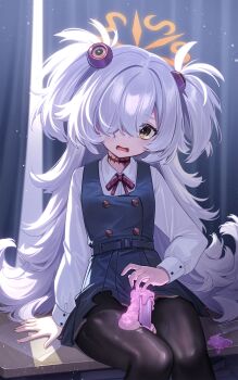 1girl absurdres bags_under_eyes between_thighs black_pantyhose blue_archive book breasts brown_eyes buttons collared_shirt curtains dango_remi desk diagonal-striped_ribbon dissolving_clothes dot_nose dress grey_hair hair_between_eyes hair_over_one_eye halo hand_up highres kanoe_(blue_archive) light_particles loli long_hair long_sleeves looking_at_viewer messy_hair on_table one_eye_covered open_mouth orange_halo pantyhose pinafore_dress purple_liquid scar scar_on_neck school_desk shirt sitting sitting_on_table sleeve_cuffs sleeveless sleeveless_dress small_breasts solo sunlight table test_tube thighs tilted_head two_side_up very_long_hair wavy_hair white_shirt