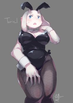 1girl animal_ears artist_request bare_shoulders blue_eyes breasts cleavage collar detached_collar english_text fake_animal_ears fishnet_pantyhose fishnets furry goat goat_ears goat_girl goat_horns grey_background highres horns large_breasts open_mouth pantyhose playboy_bunny rabbit_ears simple_background toriel undertale utdr_(toby_fox) white_collar white_wrist_cuffs wrist_cuffs