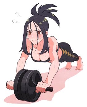 1girl ab_roller bare_arms barefoot black_hair black_pants blush breasts brown_eyes cleavage closed_mouth commentary_request dendra_(pokemon) exercising eyelashes highres holding medium_breasts nintendo osg_pk pants pokemon pokemon_sv puff_of_air solo sports_bra sweat tiptoes toes white_background