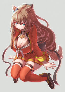 1girl animal_ears blue_bow blue_eyes blush boots bow breasts brown_boots brown_hair brown_sailor_collar cleavage closed_mouth commentary_request creape cropped_jacket ear_bow green_eyes hair_between_eyes highres horse_ears horse_girl horse_tail jacket large_breasts long_hair long_sleeves looking_at_viewer maruzensky_(formula_r)_(umamusume) maruzensky_(umamusume) pendant_choker red_jacket red_serafuku red_shirt red_skirt red_thighhighs sailor_collar school_uniform serafuku shirt simple_background skirt smile solo tail thigh_strap thighhighs umamusume