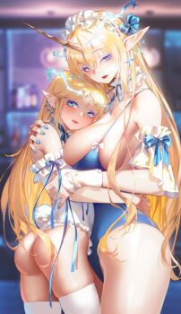 2girls bare_shoulders bikini blonde_hair blue_bikini blue_bow blue_eyes blue_nails blush bow breasts cartethyia_(wuthering_waves) closed_mouth collarbone crown_of_thorns dual_persona earrings fleurdelys_(wuthering_waves) floating_earrings hands_up headdress horns hug huge_breasts ina_(mikamixx) jewelry long_hair long_horns long_sleeves looking_at_viewer multiple_girls parted_bangs pointy_ears sideboob sidelocks single_horn skindentation swimsuit tacet_mark_(wuthering_waves) thighs very_long_hair white_bikini wuthering_waves
